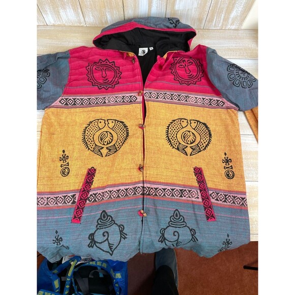 Bohemian Zodiac Tribal Boho Size XL Hooded Button Jacket Cotton Sweatshirt Nepal - Picture 5 of 15